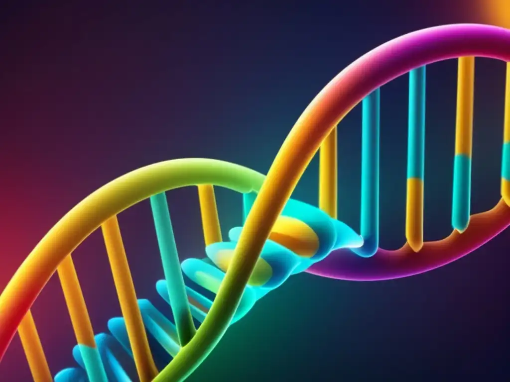 Una impactante imagen de una estructura de ADN en alta resolución, con colores vibrantes que representan las bases nucleotídicas