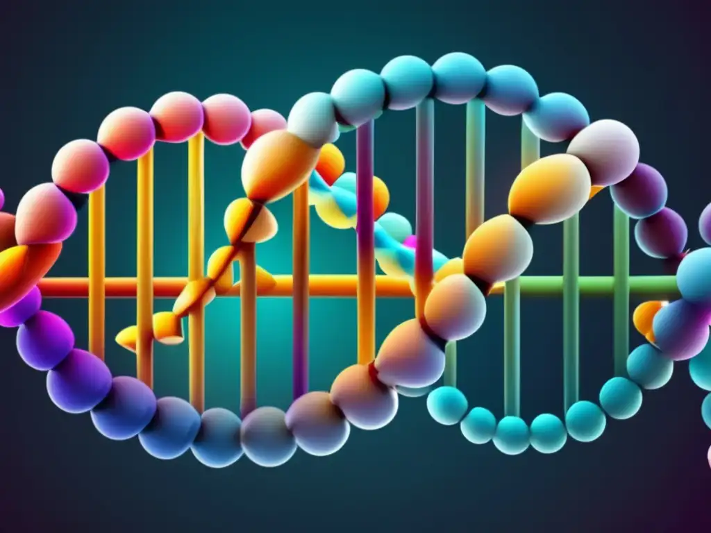 Una impactante imagen en 3D de una estructura de ADN con colores vibrantes que representan las bases nucleotídicas
