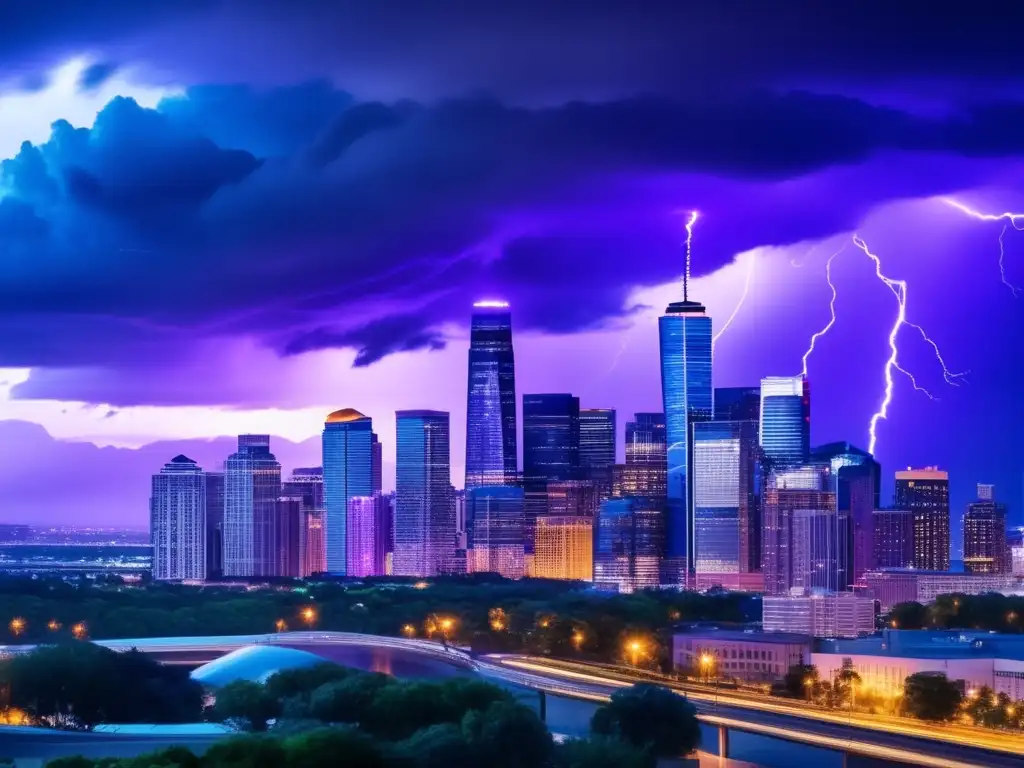 Una impactante imagen en 8k que muestra un horizonte urbano al atardecer, con nubes tormentosas y relámpagos iluminando la ciudad