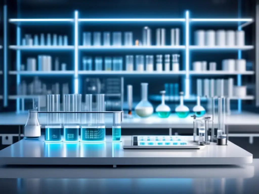 Un laboratorio futurista en 8k: ciencia avanzada y aplicaciones prácticas del sistema periódico Una impactante imagen en 8k muestra un moderno laboratorio con diseño futurista