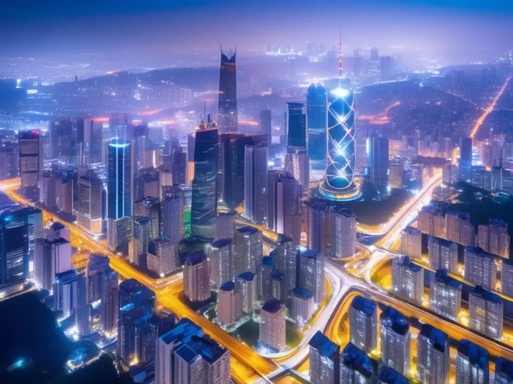 Una impactante imagen nocturna de una ciudad vibrante, con luces brillantes iluminando rascacielos y calles animadas