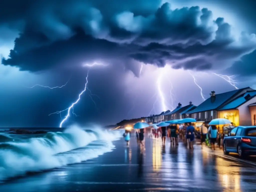 Una impactante imagen en 8k de una poderosa tormenta a punto de desatarse sobre un pueblo costero