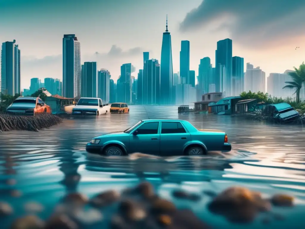 Una impactante imagen ultradetallada en 8k muestra una ciudad costera parcialmente sumergida en agua debido a los efectos del cambio climático