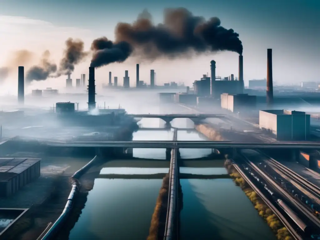 Un impactante panorama de una ciudad industrial contaminada por metales pesados, con smog y río contaminado