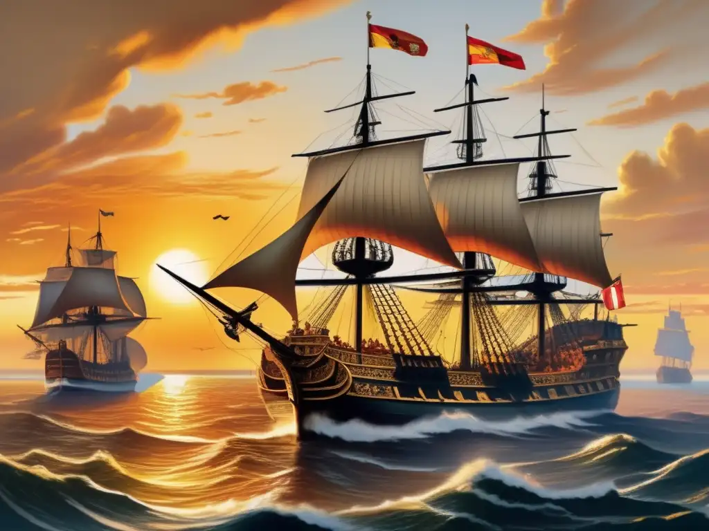 Una impactante pintura del Siglo de Oro Español, con la Armada navegando al atardecer dorado