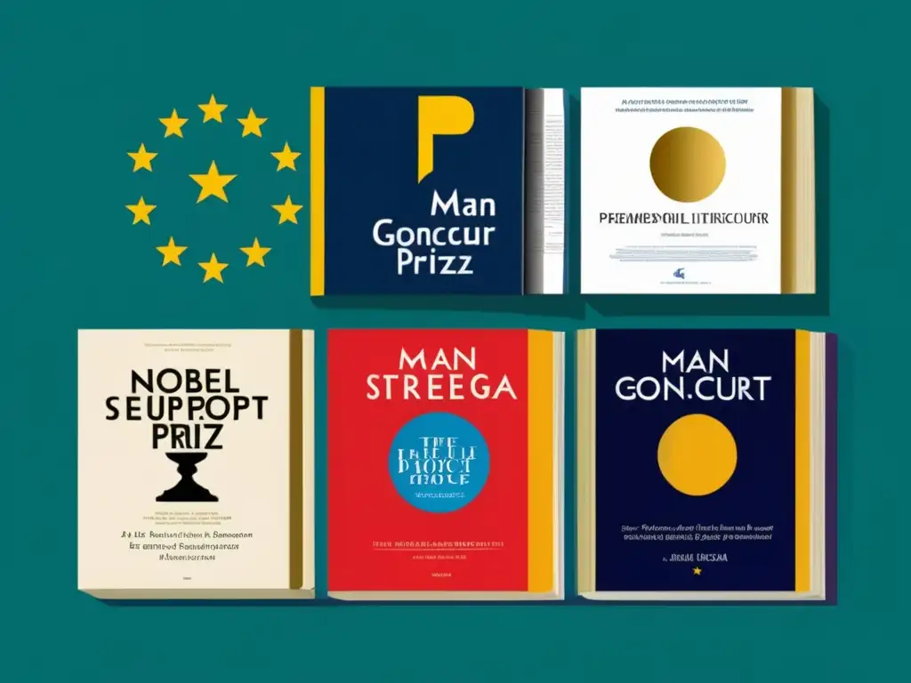 Imponente collage europeo de premios literarios destacados y el Premio Nobel en Literatura, reflejando su influencia en el panorama literario europeo