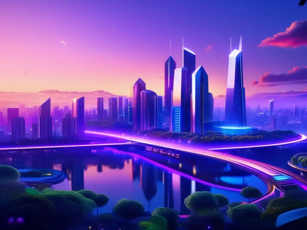 Una imponente imagen en 8k que muestra una ciudad futurista al atardecer