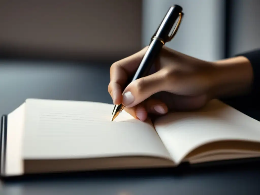 La importancia del ensayo en la educación: Mano escribiendo con elegancia en un cuaderno minimalista, en ambiente cálido y acogedor