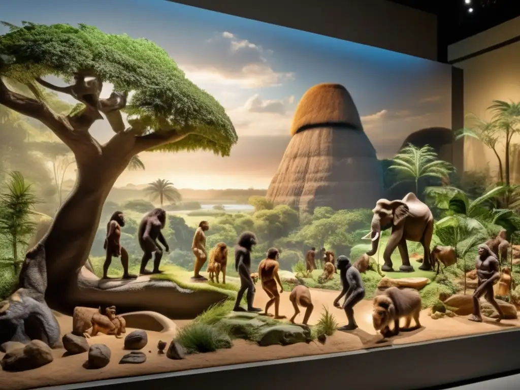 Descubre la Importancia de la Evolución Humana en un cautivador diorama que muestra un paisaje prehistórico lleno de vida