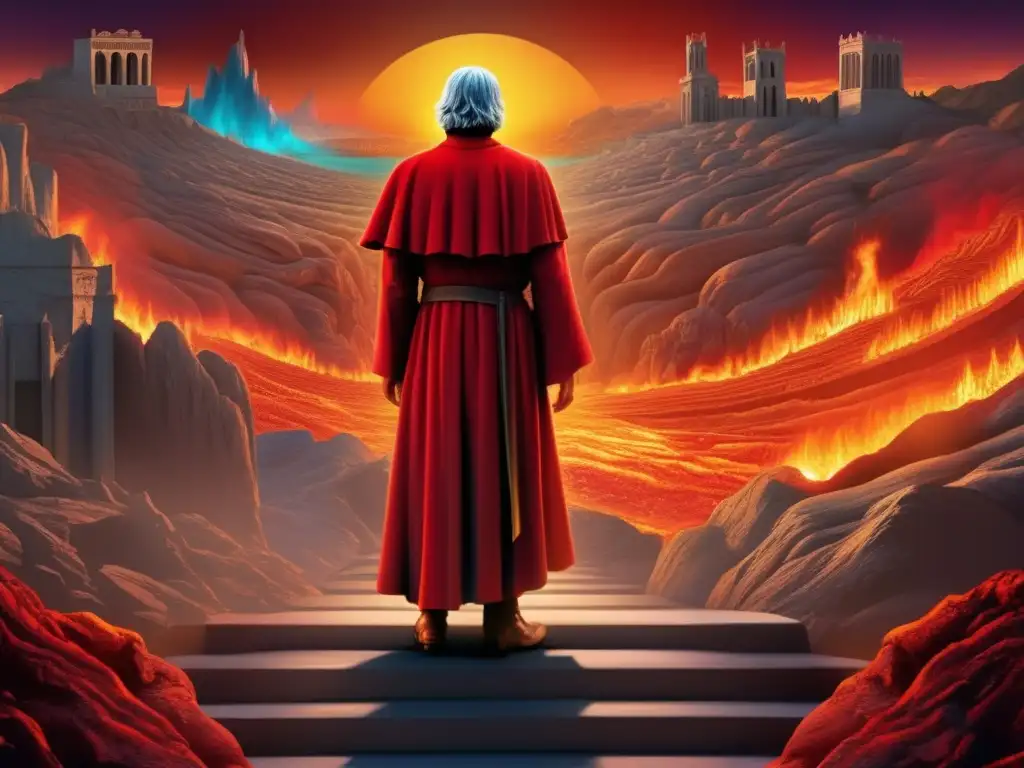 Un impresionante arte digital de Dante Alighieri frente a la entrada del Infierno, reflejando el viaje del alma en 'La Divina Comedia'