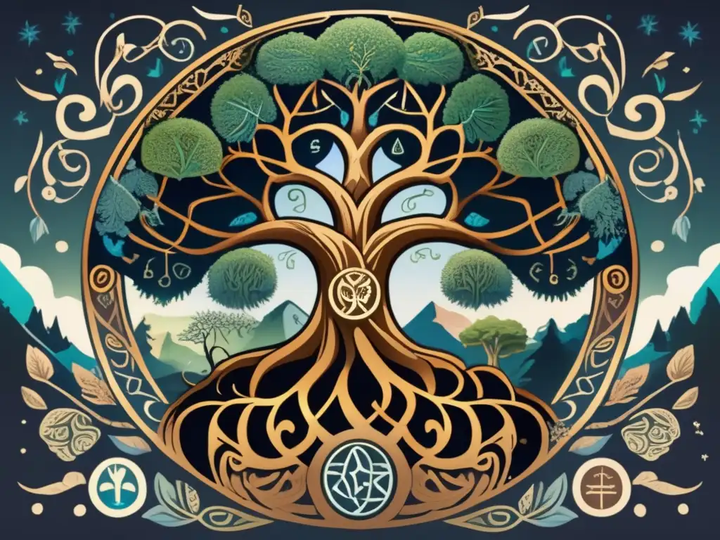 Un impresionante arte de Yggdrasil, el Árbol del Mundo, con raíces profundas y ramas que alcanzan el cielo, rodeado de símbolos nórdicos y deidades