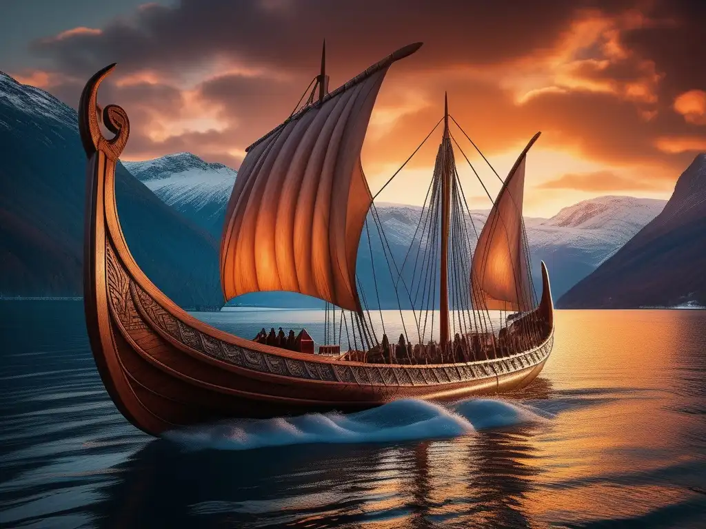 Un impresionante barco vikingo navegando en un fiordo al atardecer