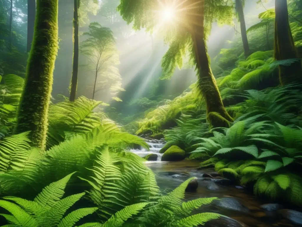 Un impresionante bosque verde se alza hacia el cielo, filtrando la luz solar entre su denso follaje