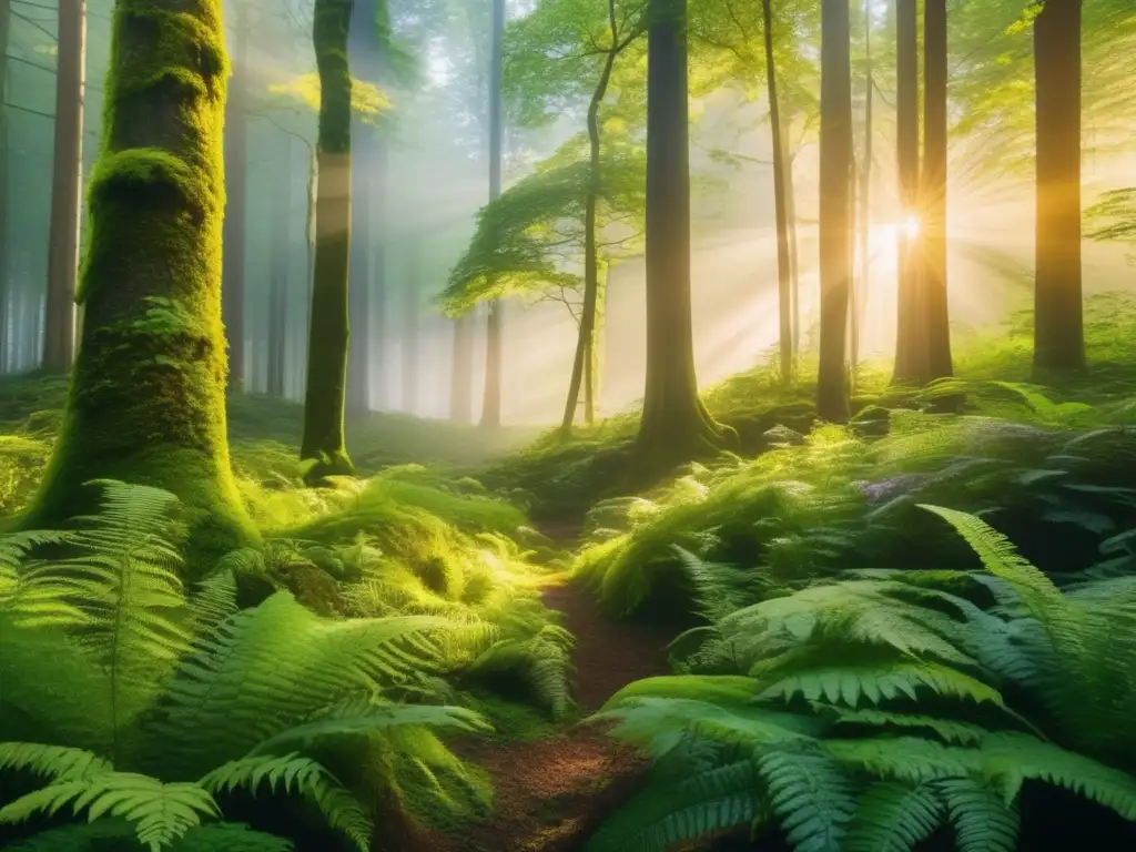 Un impresionante bosque verde exuberante, bañado en luz dorada