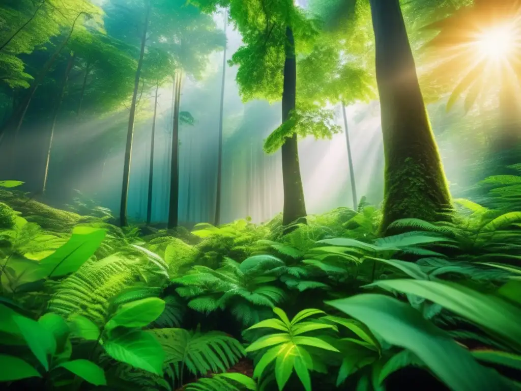 Un impresionante bosque verde exuberante, con árboles imponentes y una diversa variedad de plantas