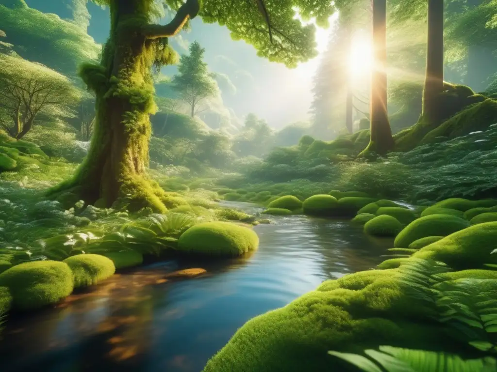 Un impresionante bosque verde exuberante en 8k, con árboles altos y frondosos