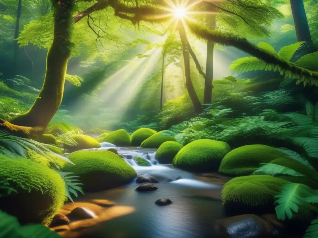 Un impresionante bosque verde exuberante en 8k, con luz solar filtrándose a través del dosel denso
