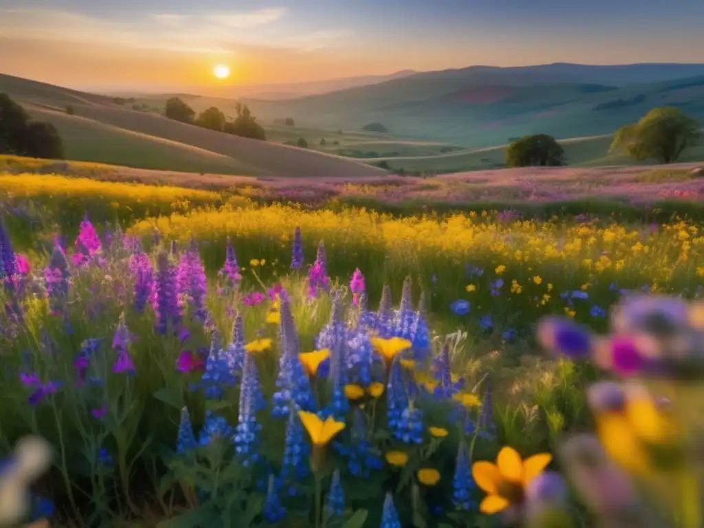 Un impresionante campo de flores silvestres en pleno florecimiento, bajo el cálido sol