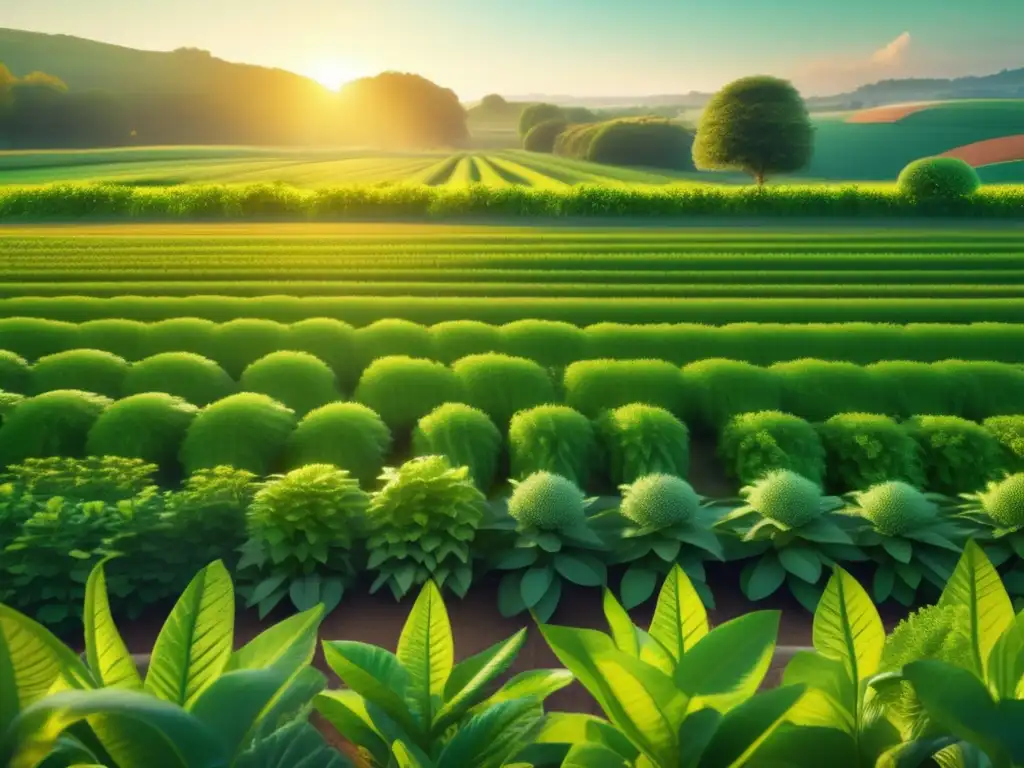 Un impresionante campo verde bañado en luz dorada muestra la poderosa fotosíntesis y energía renovable