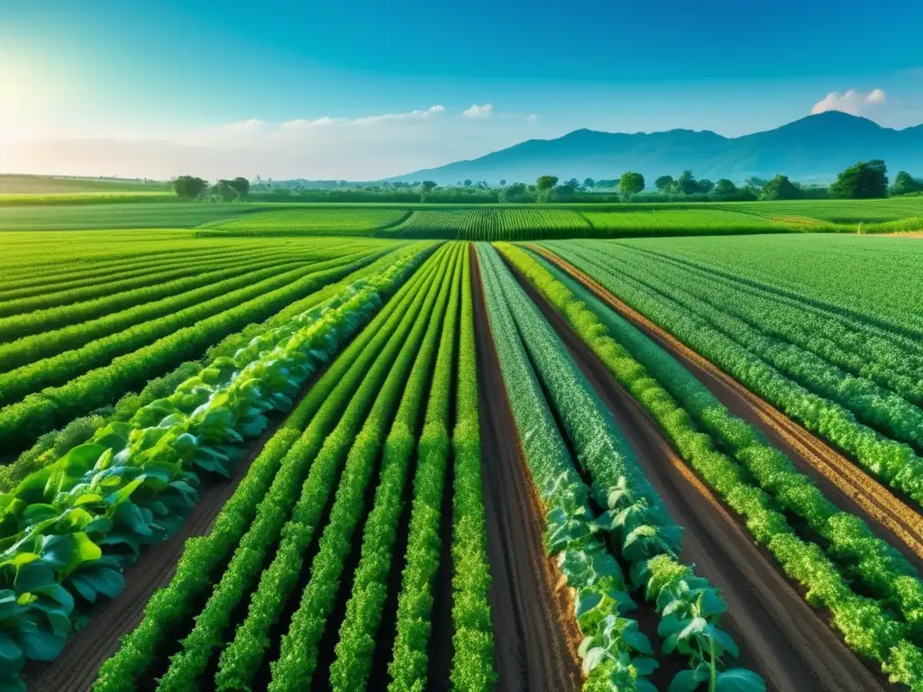 Un impresionante campo verde con cultivos vibrantes y detallados resalta la importancia de los fertilizantes inorgánicos