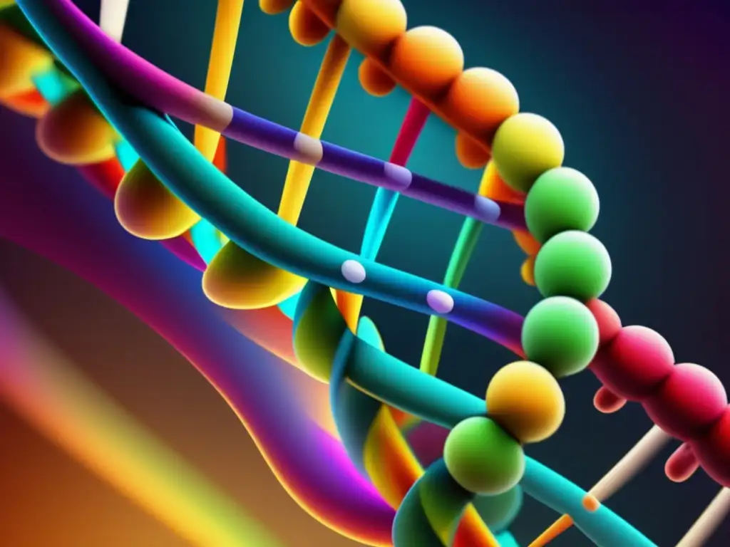 Un impresionante y detallado ADN en colores vibrantes, destacando su estructura icónica y compleja