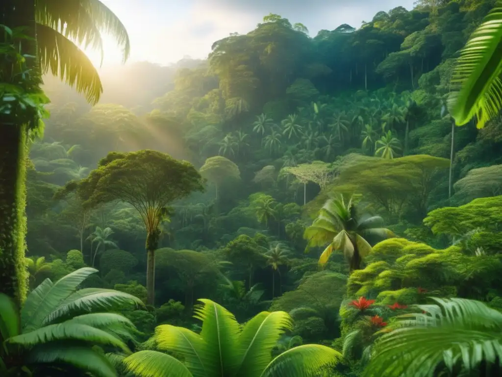 Un impresionante y detallado paisaje tropical bañado por la suave luz dorada del sol, resaltando la importancia de las plantas en la biología vegetal