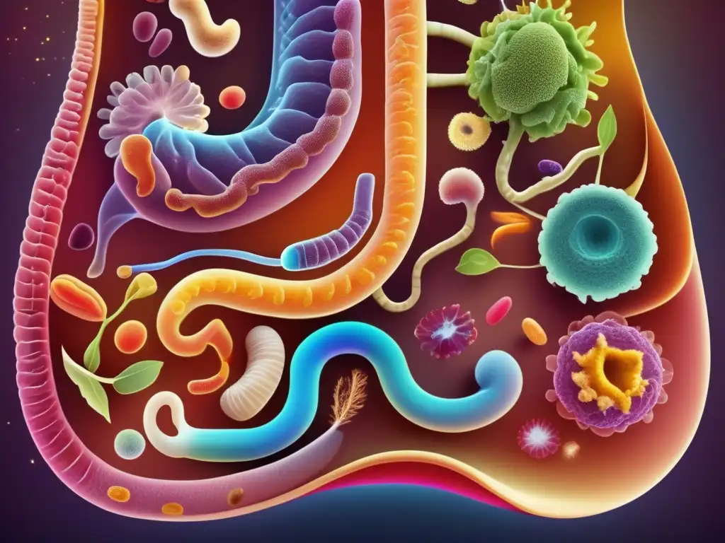 Un impresionante y detallado sistema digestivo humano que resalta la importancia del microbioma en la salud