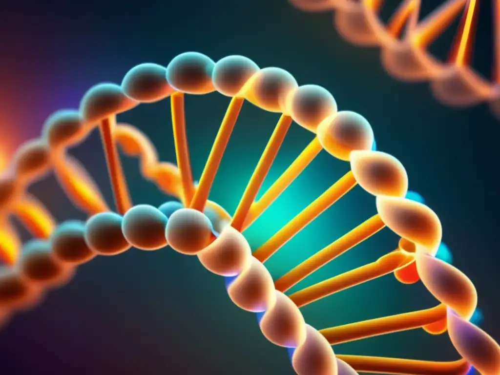 Una impresionante estructura de doble hélice de ADN, con detallados y vibrantes hilos moleculares entrelazados