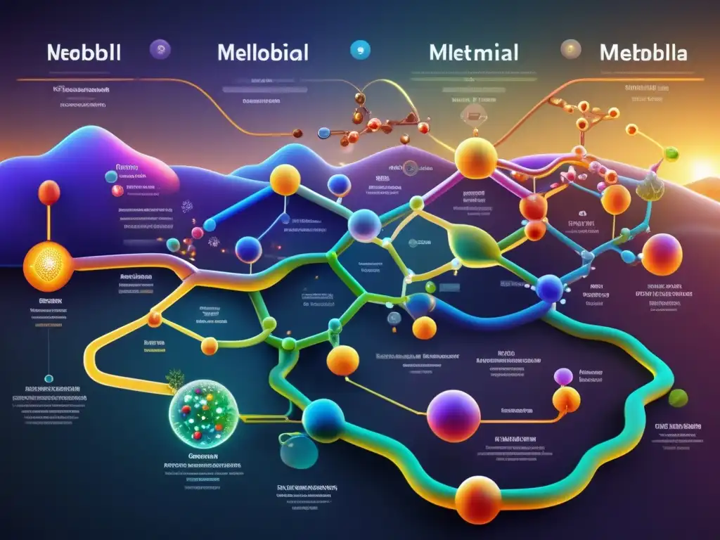 Una impresionante ilustración en 8k muestra las reacciones bioquímicas del metabolismo en una red compleja y vibrante