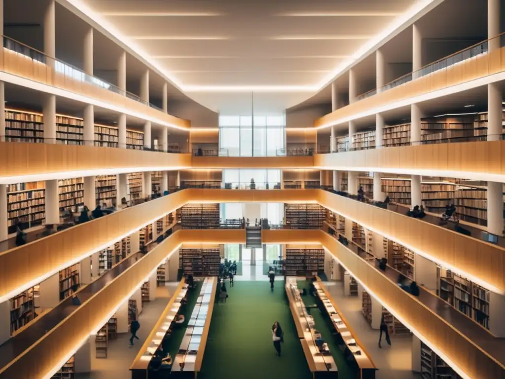 Una impresionante imagen en 8k muestra una biblioteca universitaria bañada en cálida luz natural