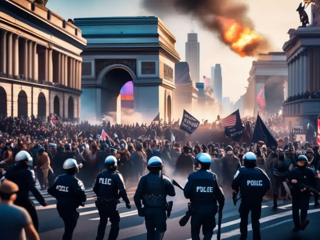 Una impresionante imagen de una bulliciosa calle de ciudad durante una revolución moderna, con manifestantes, policía y emblemáticos paisajes urbanos