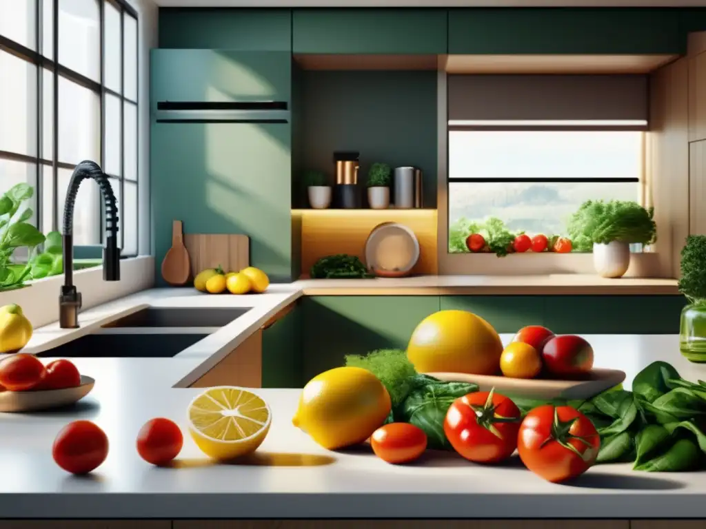 Una impresionante imagen en 8k muestra una cocina moderna llena de ingredientes orgánicos y objetos cotidianos