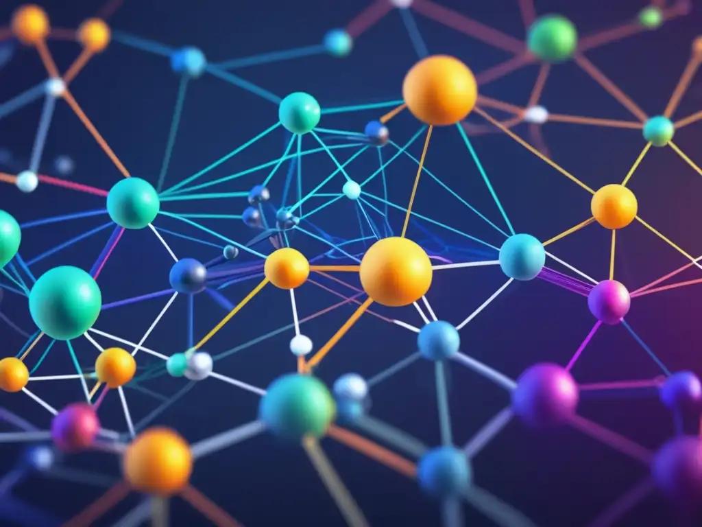 Una impresionante imagen en 8k que muestra un complejo diagrama de red con nodos y líneas interconectados en colores modernos y vibrantes