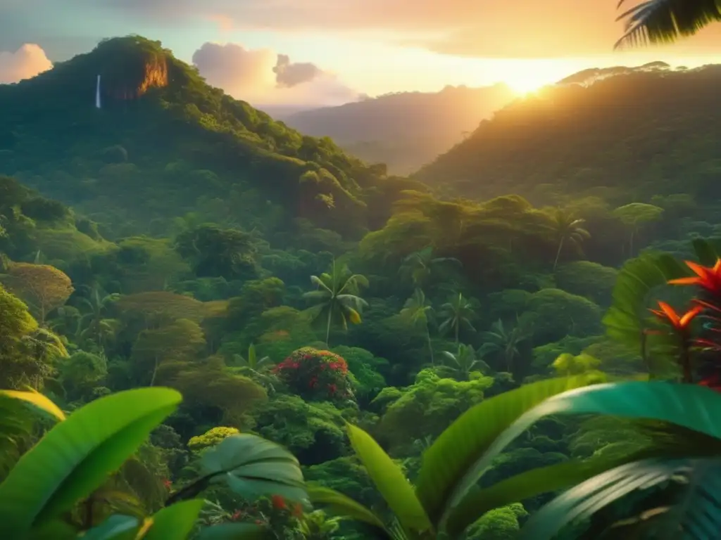 Una impresionante imagen 8k que muestra un exuberante bosque tropical al atardecer