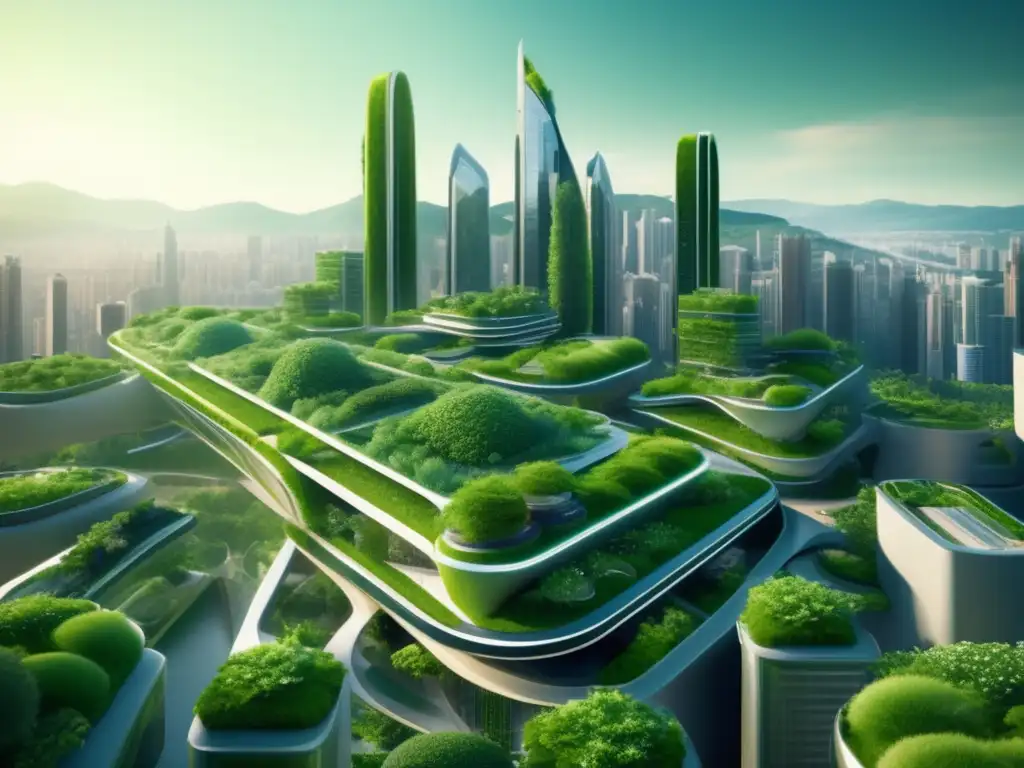 Una impresionante imagen en 8k que muestra una futurista ciudad con vegetación exuberante integrada al entorno urbano