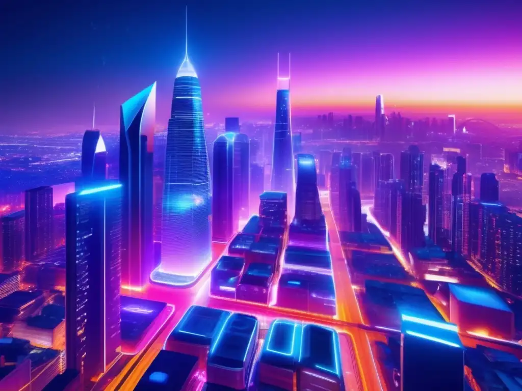 Una impresionante imagen en 8k que muestra una futurista ciudad nocturna