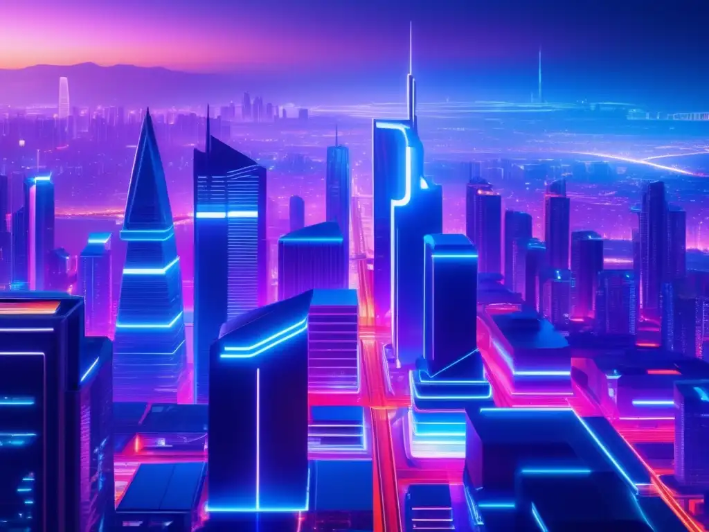 Una impresionante imagen en 8k que muestra una futurista ciudad nocturna