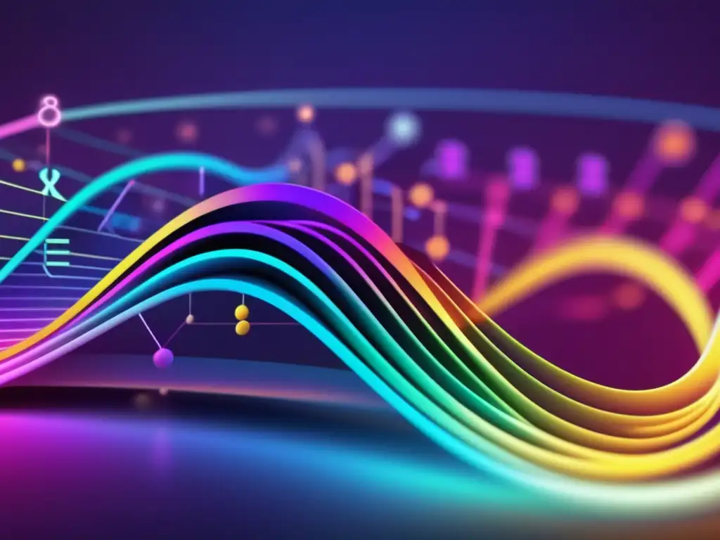 Una impresionante imagen en 8k muestra un gráfico colorido y complejo con líneas y curvas interconectadas, como una ecuación matemática