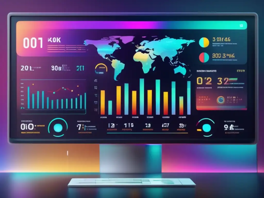 Una impresionante imagen en 8k muestra un moderno panel de visualización de datos con gráficos y estadísticas complejas