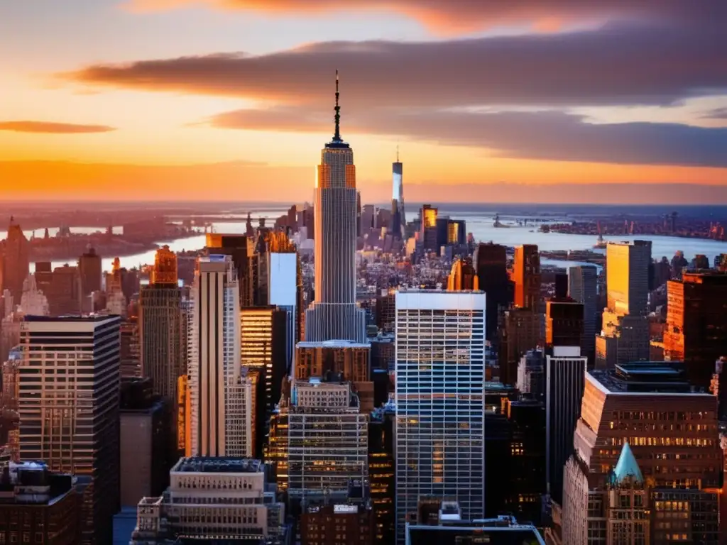 Una impresionante imagen panorámica del horizonte de la ciudad de Nueva York al atardecer, destacando el One World Trade Center entre los rascacielos