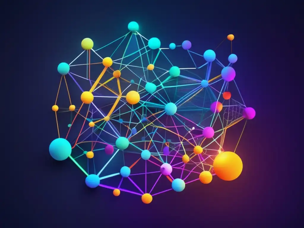 Una impresionante imagen en 8k muestra una red de ecuaciones y algoritmos interconectados, resplandeciendo en colores vibrantes sobre un fondo oscuro