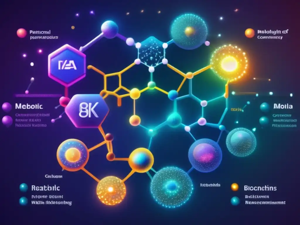 Una impresionante imagen de 8k muestra una red vibrante e interconectada de rutas metabólicas en bioquímica