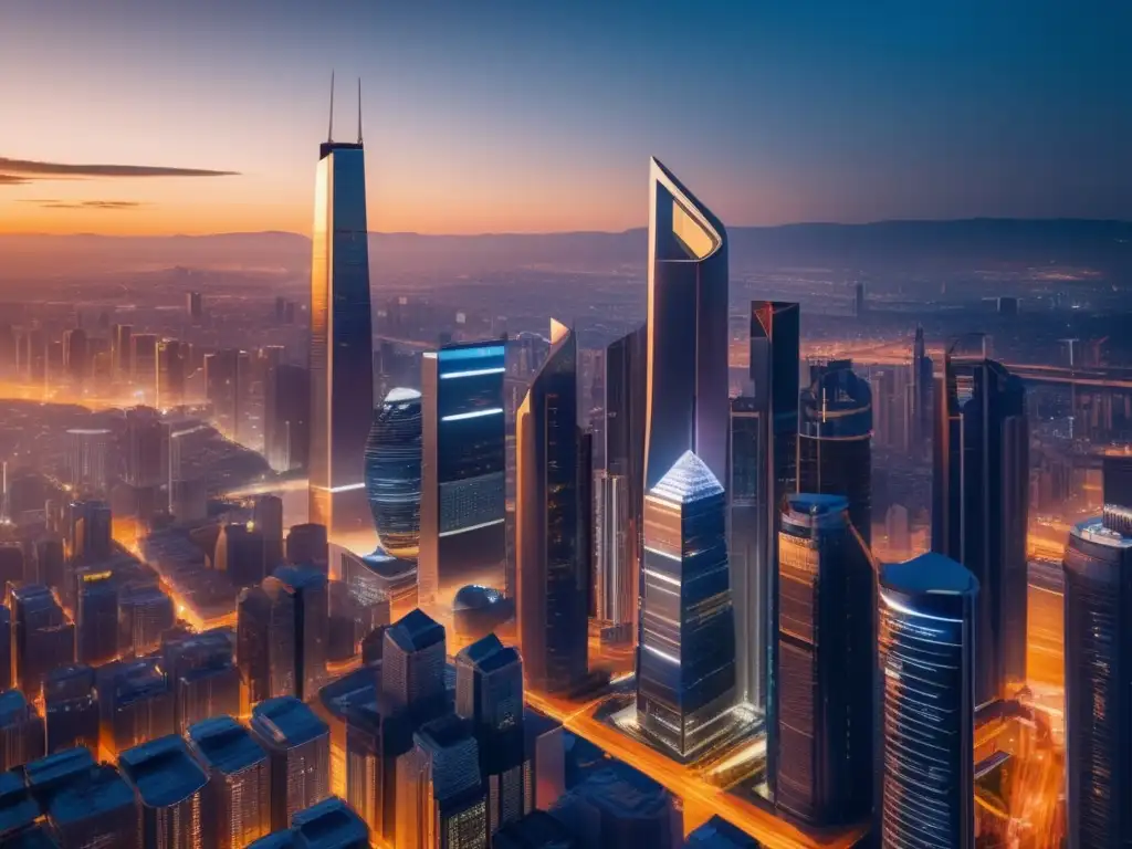 Una impresionante imagen en 8k ultra detallada de un paisaje urbano futurista al atardecer, con rascacielos relucientes perforando el cielo