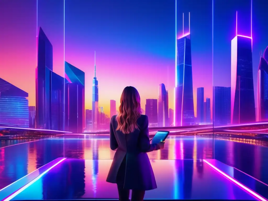 Una impresionante imagen ultradetallada en 8k de una ciudad futurista al atardecer, con rascacielos elegantes que se elevan hacia el cielo y se iluminan con vibrantes luces de neón