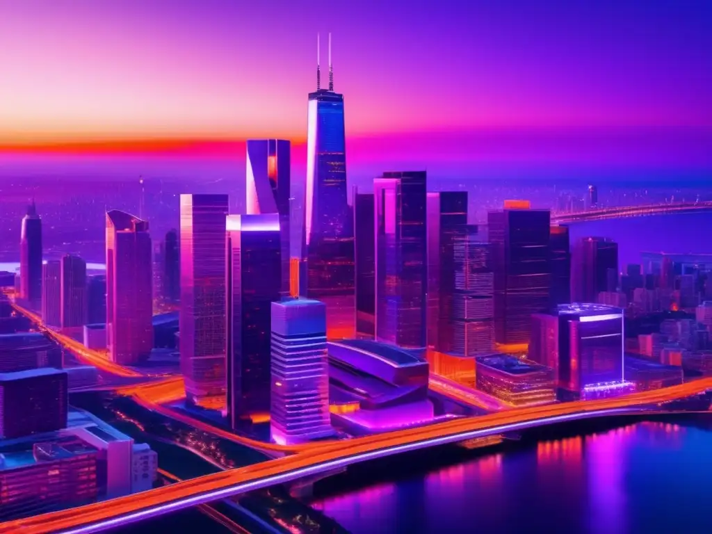 Una impresionante imagen 8k ultradetallada muestra una ciudad moderna al atardecer