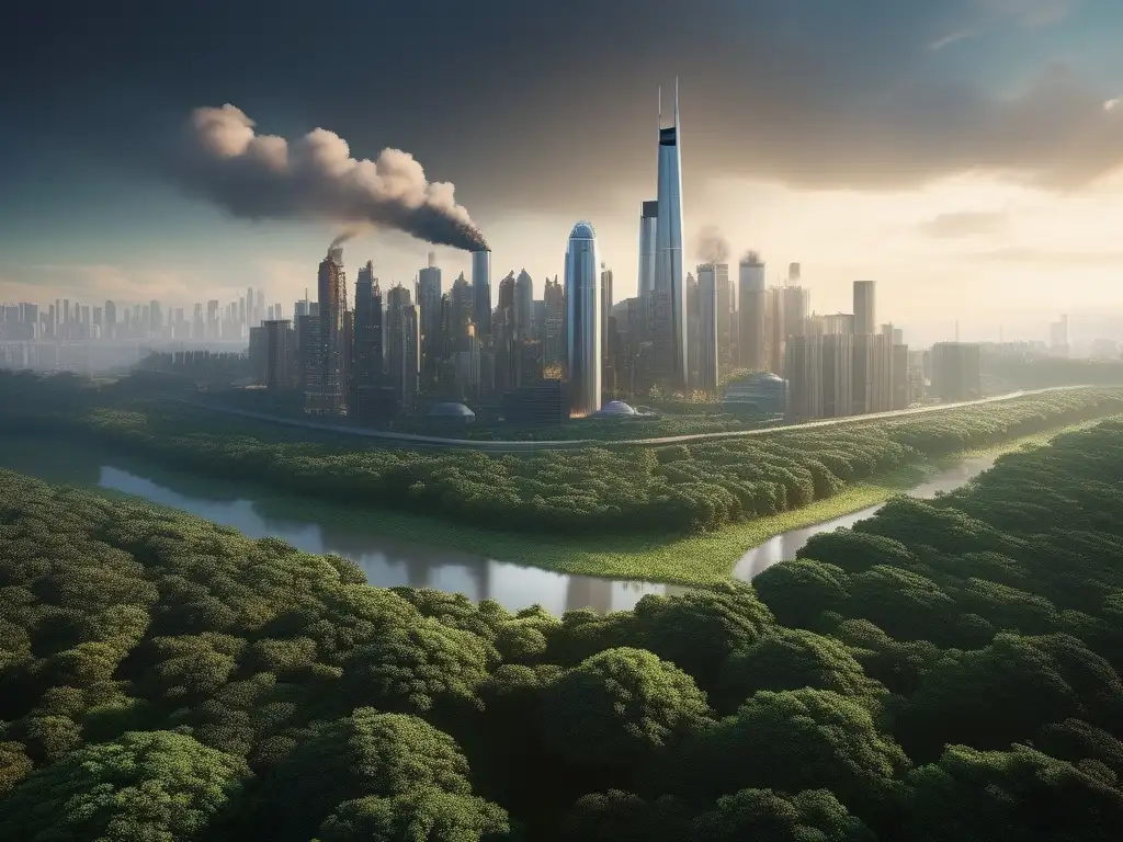 Una impresionante imagen ultradetallada en 8k que muestra una ciudad moderna frente a un bosque exuberante