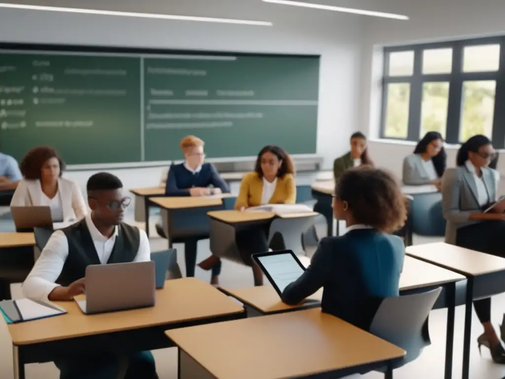 Una impresionante imagen 8k ultradetallada de estudiantes diversos participando activamente en una clase de trigonometría