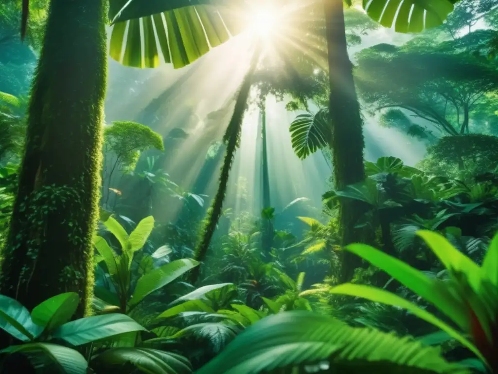 Una impresionante imagen 8k ultradetallada de un exuberante bosque tropical, mostrando la intrincada interacción de la vida en el ecosistema