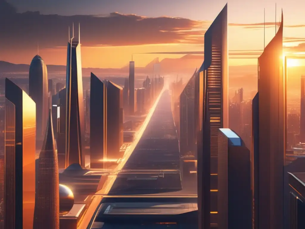 Una impresionante imagen ultradetallada en 8k que muestra una futurista ciudad al atardecer