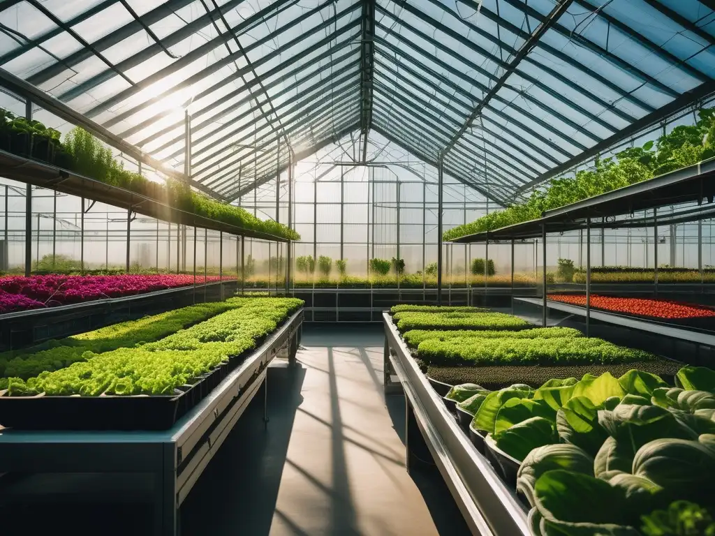 Una impresionante imagen en 8k ultradetallada que muestra un invernadero moderno lleno de exuberantes plantas verdes